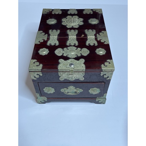Vintage Chinese Wood Jewelry Box With Beveled Mirror 6.25